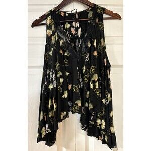 Free People Shirt Womens XS Black Floral Tank Top Flowy Boho Open Back Lace